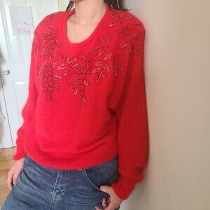Rare 80's Eugenia by Angenie Angora Holiday Sweater Guelder Rose embroidery sz M